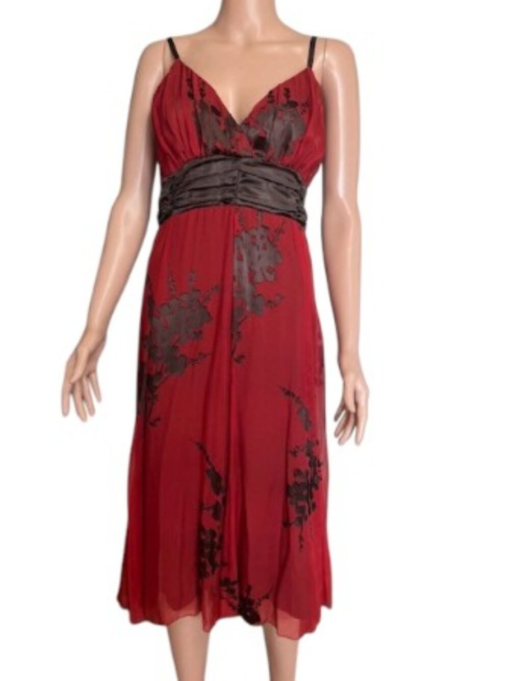 Jonathan Martin Silk Blend Dress Sz 16 Red Brown Ruched Party Cocktail Midi